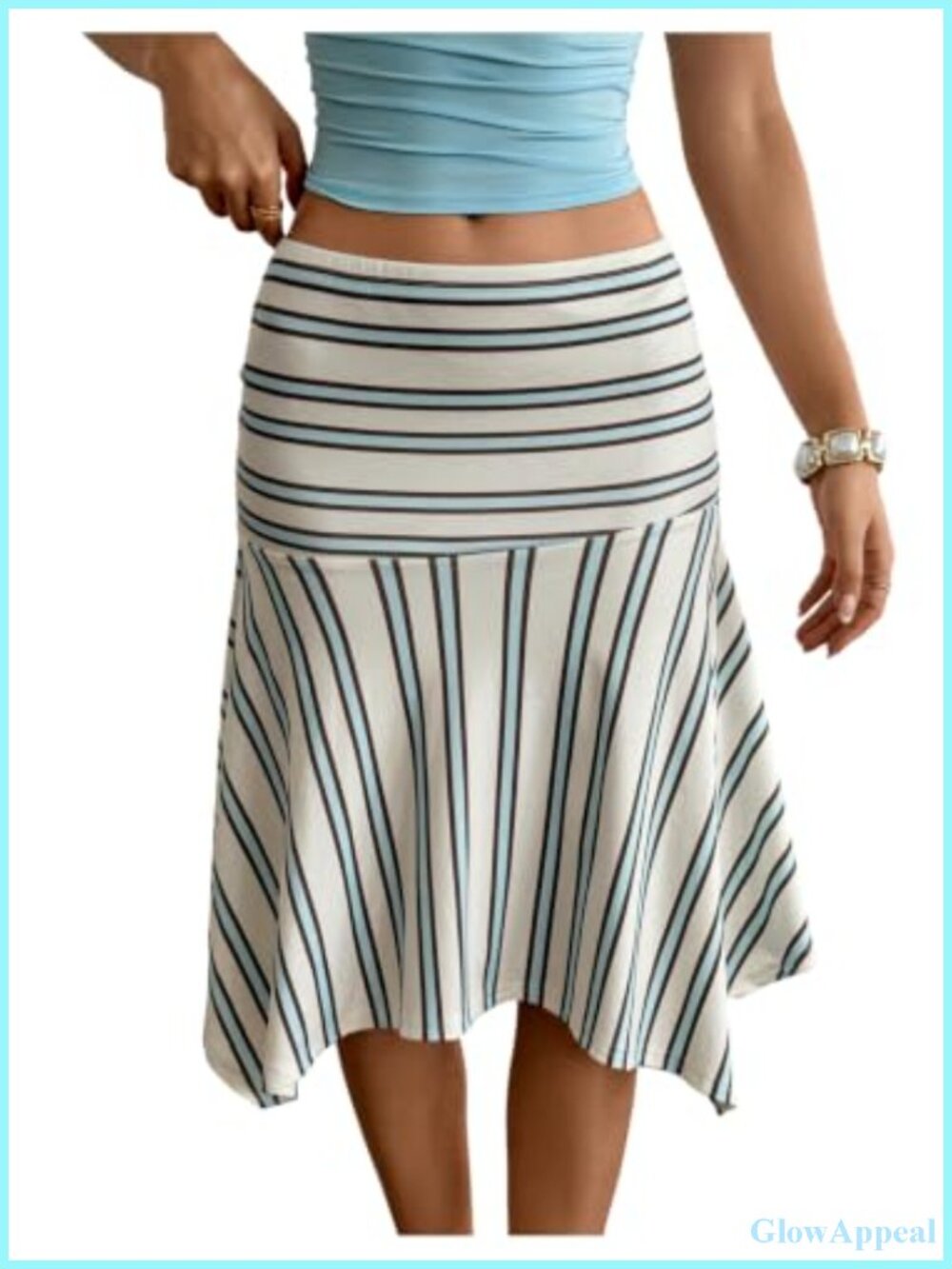Striped Flowy Midi Skirt Low Rise Asymmetrical High Low Hem